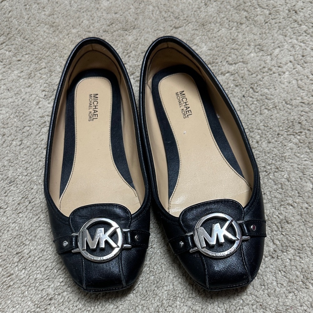 Michael Kors Black Leather Flats with Silver Logo